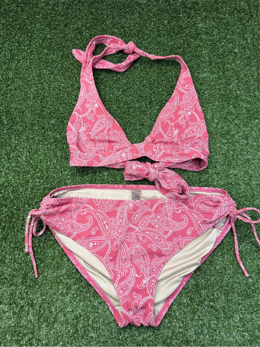Victoria's Secret Coral Pink White Paisley Bandana Halter Bikini Swimsuit S/M